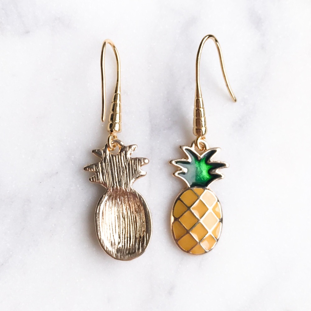 Pineapple Enamel Earrings Dangle Drop Gold Green - Picture 5 of 7